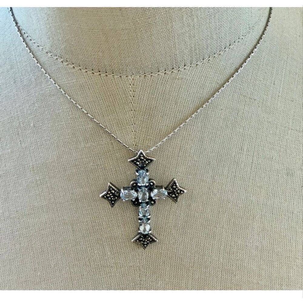 DBJ Sterling Silver Blue Stone & Marcasite Cross Pendant Necklace